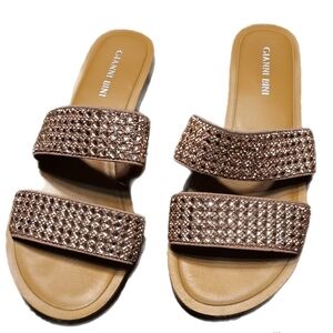 Gianni Bini Flat Slide Sandals Tan & Pink w/ Chic Bling Straps Women 6.5 Glamour